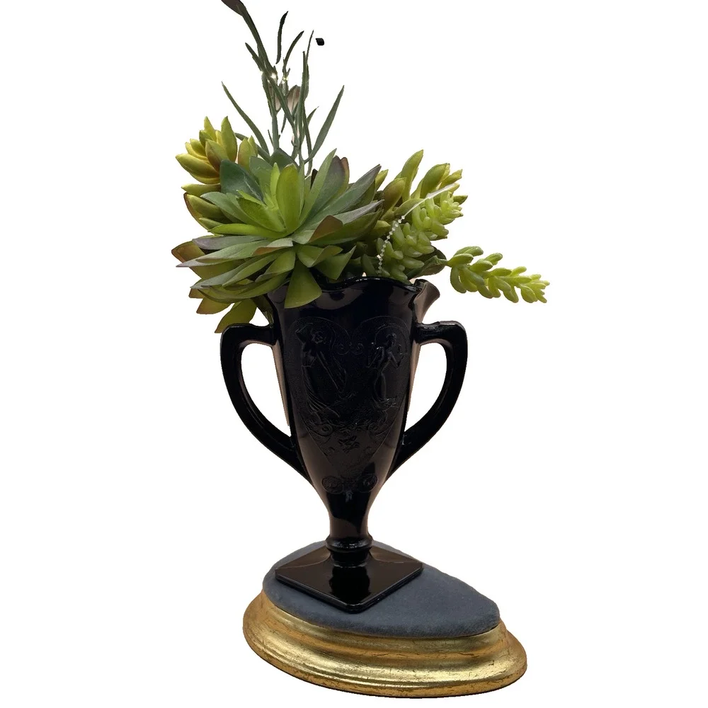 Vintage L.E. Smith Black Amethyst Glass Vase- Art Deco Two Dancing Nymphs